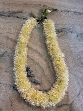 Hawaiian Lei light yellow green tones Eyelash Yarn Ribbon  tie with Kukui Nut
